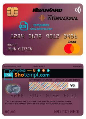 editable template, Ecuador Banco Internacional bank mastercard debit card template in PSD format, fully editable