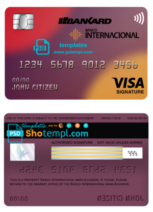 editable template, Ecuador Banco Internacional bank visa signature card template in PSD format, fully editable