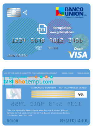 editable template, Bolivia Banco Union bank visa card debit card template in PSD format, fully editable