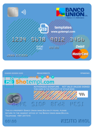 editable template, Bolivia Banco Union bank mastercard debit card template in PSD format, fully editable