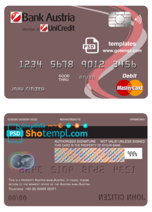 editable template, Austria Bank Austria mastercard debit card template in PSD format, fully editable