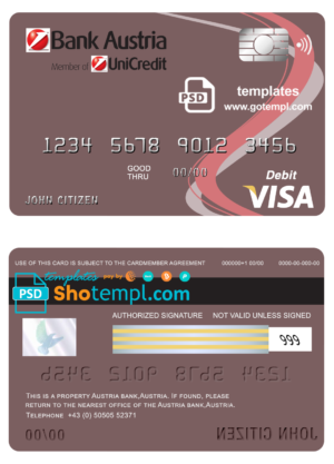 editable template, Austria Bank Austria visa card debit card template in PSD format, fully editable