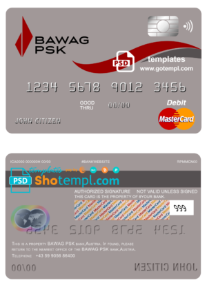 editable template, Austria BAWAG PSK bank mastercard debit card template in PSD format, fully editablc