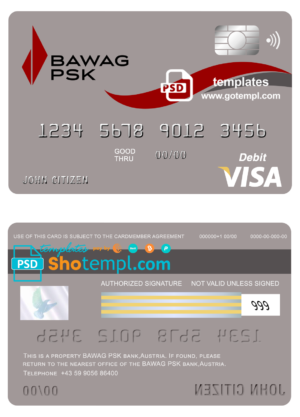 editable template, Austria BAWAG PSK bank visa card debit card template in PSD format, fully editable