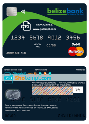 editable template, Belize Belizebank mastercard debit card template in PSD format, fully editable
