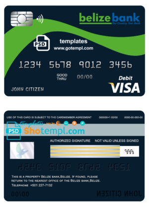 editable template, Belize Belizebank visa card debit card template in PSD format, fully editable