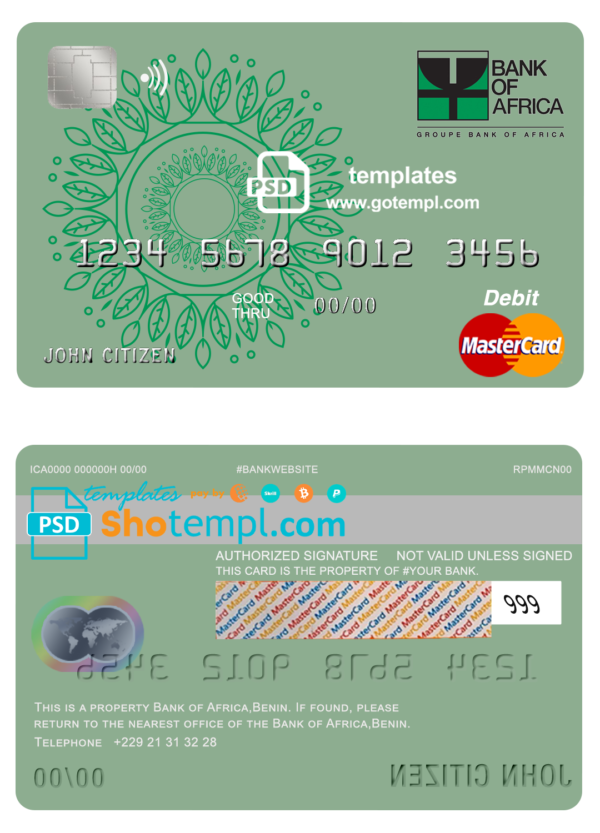 editable template, Benin Bank of Africa mastercard debit card template in PSD format, fully editable