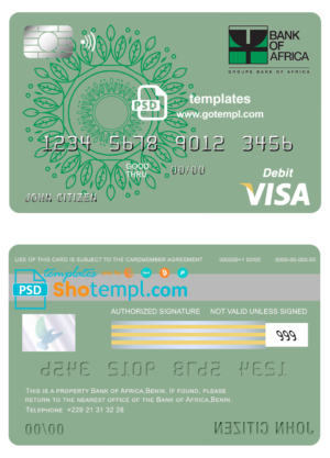 editable template, Benin Bank of Africa visa card debit card template in PSD format, fully editable