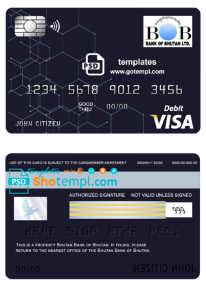 editable template, Bhutan Bank of Bhutan visa card debit card template in PSD format, fully editable