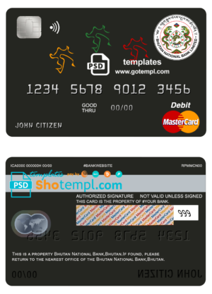 editable template, Bhutan National Bank mastercard debit card template in PSD format, fully editable