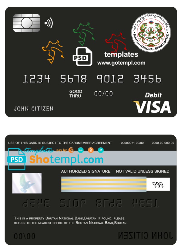 editable template, Bhutan National Bank visa card debit card template in PSD format, fully editable