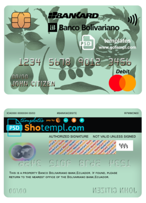 editable template, Ecuador Banco Bolivariano mastercard debit card template in PSD format, fully editable