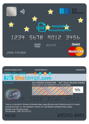editable template, Bosnia and Herzegovina Bosna Bank International bank mastercard debit card template in PSD format, fully editable