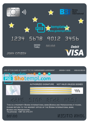 editable template, Bosnia and Herzegovina Bosna Bank International bank visa card debit card template in PSD format, fully editable