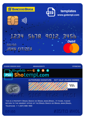 editable template, Brazil Banco do Brasil bank mastercard debit card template in PSD format, fully editable