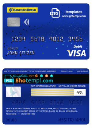 editable template, Brazil Banco do Brasil bank visa card debit card template in PSD format, fully editable
