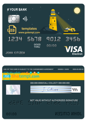 editable template, # bright lighthouse universal multipurpose bank visa electron credit card template in PSD format, fully editable