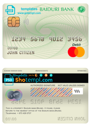 editable template, Brunei Baiduri Bank mastercard debit card template in PSD format, fully editable