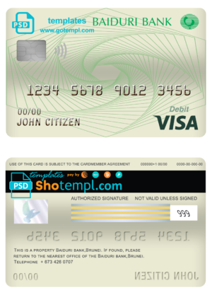 editable template, Brunei Baiduri Bank visa card debit card template in PSD format, fully editable