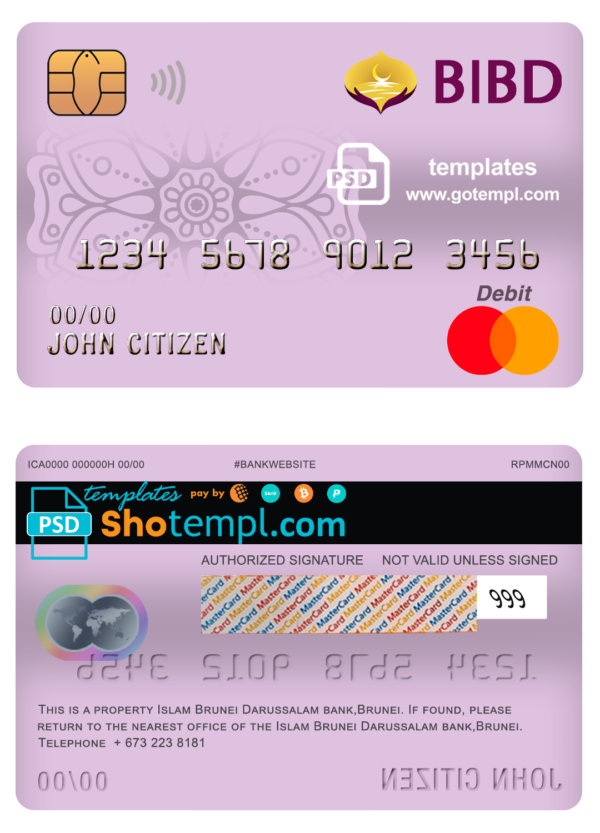 editable template, Brunei Bank Islam Brunei Darussalam bank mastercard debit card template in PSD format, fully editable