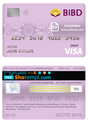 editable template, Brunei Bank Islam Brunei Darussalam bank visa card debit card template in PSD format, fully editable
