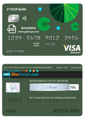 editable template, # budget green universal multipurpose bank visa electron credit card template in PSD format, fully editable