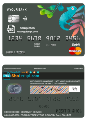 editable template, # bueno tropical universal multipurpose bank mastercard debit credit card template in PSD format