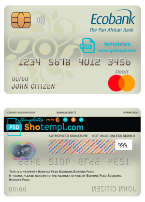 editable template, Burkina Faso Ecobank bank mastercard debit card template in PSD format, fully editable
