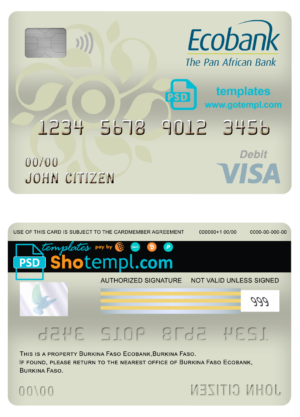 editable template, Burkina Faso Ecobank bank visa card debit card template in PSD format, fully editable