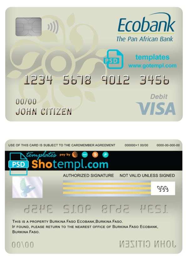 editable template, Burkina Faso Ecobank bank visa card debit card template in PSD format, fully editable