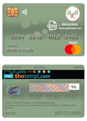 editable template, Burundi Bank of the Republic of Burundi mastercard debit card template in PSD format, fully editable