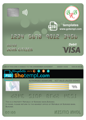 editable template, Burundi Bank of the Republic of Burundi visa card debit card template in PSD format, fully editable