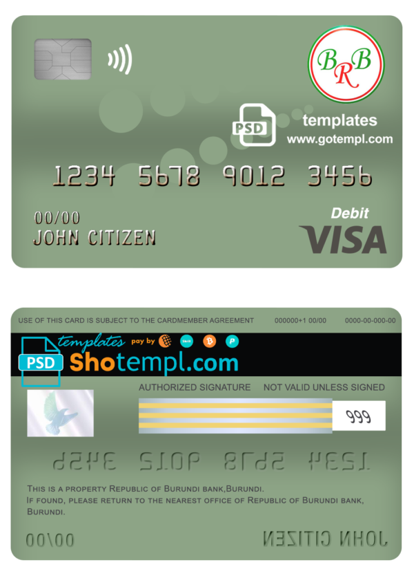 editable template, Burundi Bank of the Republic of Burundi visa card debit card template in PSD format, fully editable
