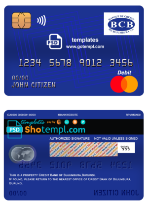 editable template, Burundi Credit Bank of Bujumbura bank mastercard debit card template in PSD format, fully editable