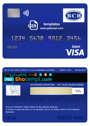 editable template, Burundi Credit Bank of Bujumbura bank visa card debit card template in PSD format, fully editable