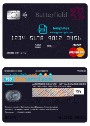 editable template, Barbados Butterfield bank mastercard debit card template in PSD format, fully editable