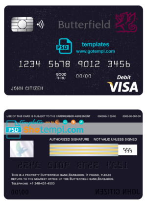 editable template, Barbados Butterfield bank visa card debit card template in PSD format, fully editable