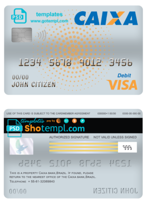 editable template, Brazil Caixa bank visa card debit card template in PSD format, fully editable