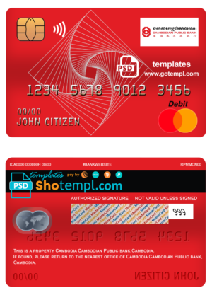 editable template, Cambodia Cambodian Public bank mastercard debit card template in PSD format, fully editable