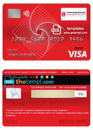 editable template, Cambodia Cambodian Public bank visa card debit card template in PSD format, fully editable