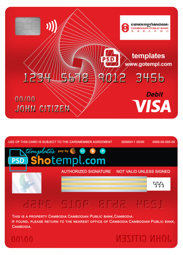 editable template, Cambodia Cambodian Public bank visa card debit card template in PSD format, fully editable