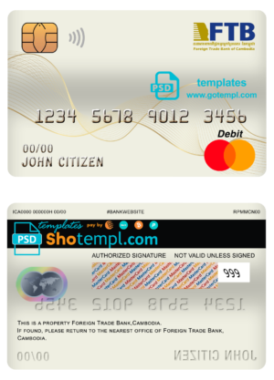 editable template, Cambodia Foreign Trade Bank of Cambodia bank mastercard debit card template in PSD format, fully editable