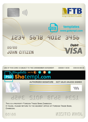 editable template, Cambodia Foreign Trade Bank of Cambodia bank visa card debit card template in PSD format, fully editable