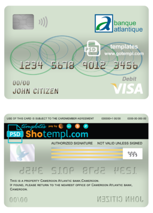 editable template, Cameroon Atlantic bank visa card debit card template in PSD format, fully editable