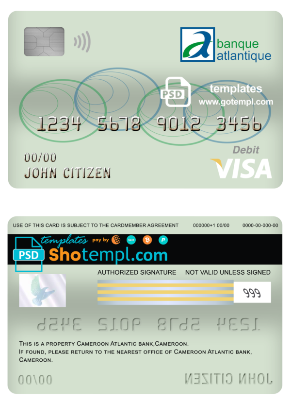 editable template, Cameroon Atlantic bank visa card debit card template in PSD format, fully editable