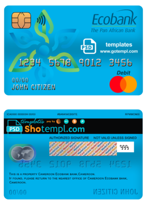 editable template, Cameroon Ecobank bank mastercard debit card template in PSD format, fully editable