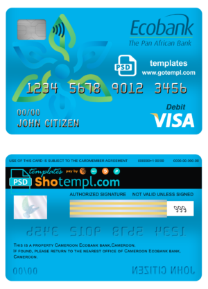 editable template, Cameroon Ecobank bank visa card debit card template in PSD format, fully editable