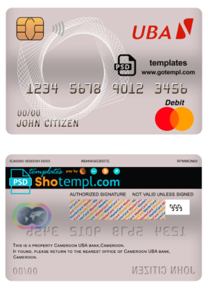 editable template, Cameroon UBA bank mastercard debit card template in PSD format, fully editable
