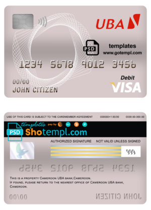 editable template, Cameroon UBA bank visa card debit card template in PSD format, fully editable