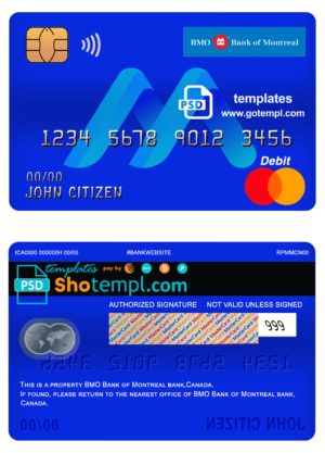 editable template, Canada BMO Bank of Montreal bank mastercard debit card template in PSD format, fully editable